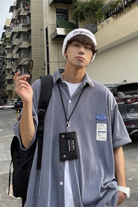1港风情侣贴布衬衫大码M-5XL网红潮短袖衬衫男DCS7813P45控68图片