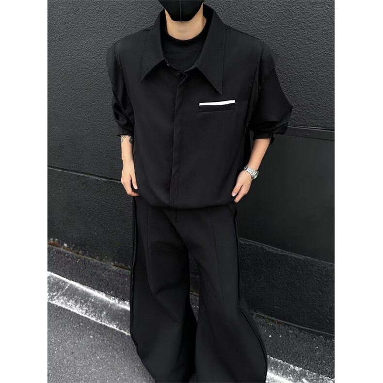 2025小众设计感假两件长袖衬衫男款简约宽松休闲百搭衬衣潮流上衣,男装衬衫,四季星座505