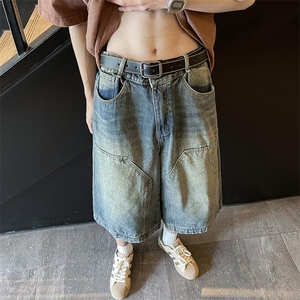 美式复古水洗高街牛仔短裤男女夏季做旧休闲百搭七分裤D31211-p45图片