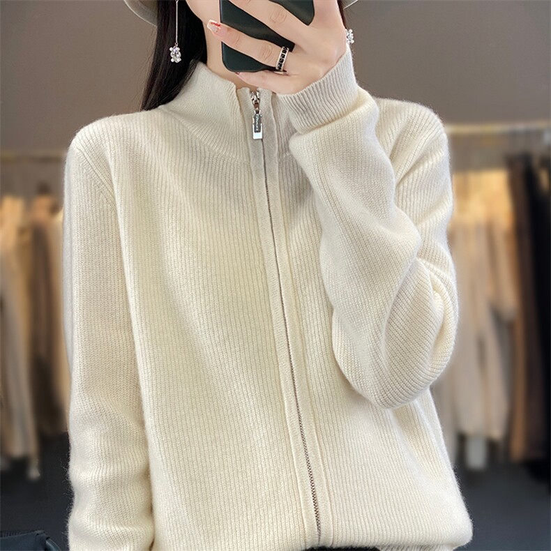 23秋冬新款立领针织拉链开衫外套女宽松时尚羊毛衫百搭毛衣,女装羊毛衫,蒙莲贝斯