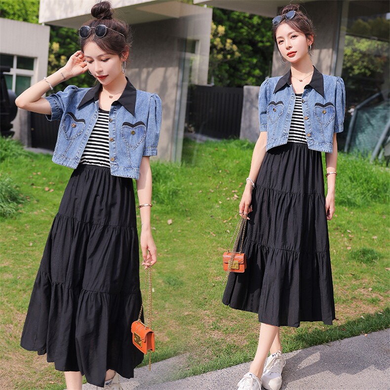 条纹黑色连衣裙女夏牛仔短袖上衣两件套高级感港风炸街甜酷套装裙，女装套装/套裙，霓裳依族