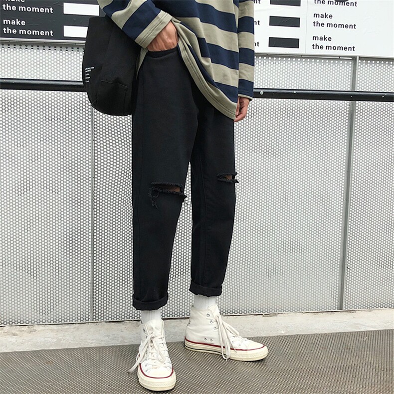 春季九分直筒长裤男韩版潮流裤子宽松破洞阔腿牛仔男士8107-P50，男装牛仔裤，电商A318