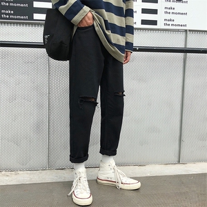 春季九分直筒长裤男韩版潮流裤子宽松破洞阔腿牛仔男士8107-P50图片