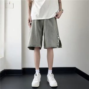 夏季侧排扣开叉牛仔短裤男士韩版潮宽松休闲阔腿五分裤D1656-p40图片