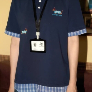 美式复古小狗刺绣格子POLO领短袖T恤女夏季短款宽松显瘦上衣图片