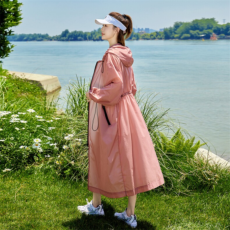 韩版连帽防晒衣中长款过膝红色防晒服外套2025夏季新抽绳休闲风衣,女装防晒衣,可可小西