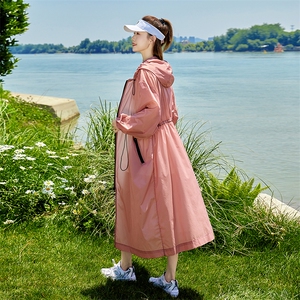 韩版连帽防晒衣中长款过膝红色防晒服外套2025夏季新抽绳休闲风衣图片