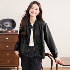 时尚圆领夹棉加厚皮衣外套女2024秋季新款宽松休闲百搭皮夹克上衣，女装棉衣/棉服，文熹诺