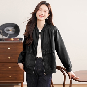 时尚圆领夹棉加厚皮衣外套女2024秋季新款宽松休闲百搭皮夹克上衣图片