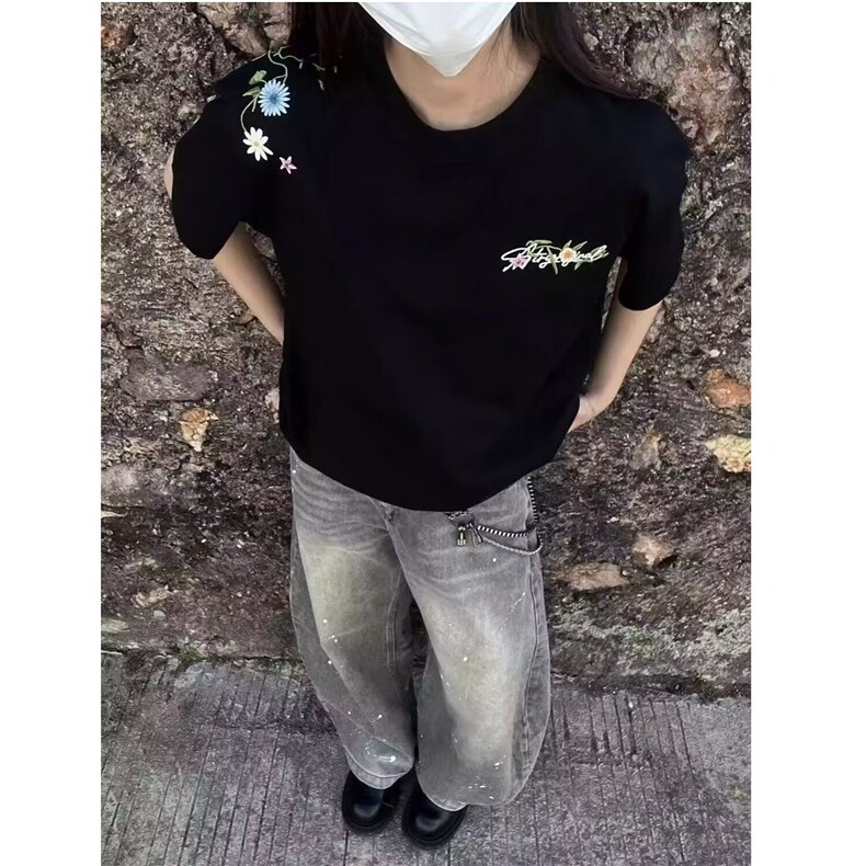 【网图现货】美式宽松花卉藤蔓刺绣复古T恤W25/P38,女装T恤,星座205-3