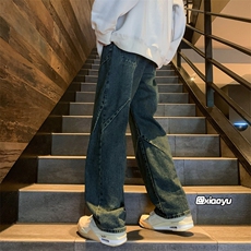 褶皱工装牛仔裤男生夏季设计感水洗做旧潮牌大码宽松直筒阔腿长裤，男装牛仔裤，星座512A（原616）