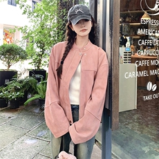 高级小众韩系chic粉色麂皮外套女春秋超火好看独特漂亮短夹克上衣，女装短外套，2C372