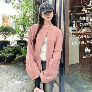 高级小众韩系chic粉色麂皮外套女春秋超火好看独特漂亮短夹克上衣图片