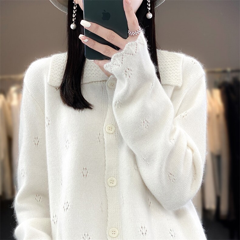 POLO领提花100%纯羊毛开衫女2025秋冬新款宽松慵懒羊绒衫针织外套图片