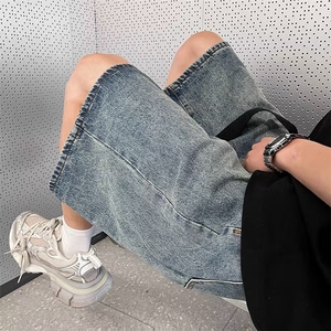 夏季新款小众宽松腰带做旧蓝色牛仔七分裤短裤休闲NM618