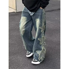 美式高街星星贴布三条杠牛仔裤男女hiphop炸街痞帅小众宽松阔腿裤，男装牛仔裤，四季星座505