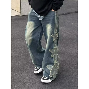美式高街星星贴布三条杠牛仔裤男女hiphop炸街痞帅小众宽松阔腿裤图片