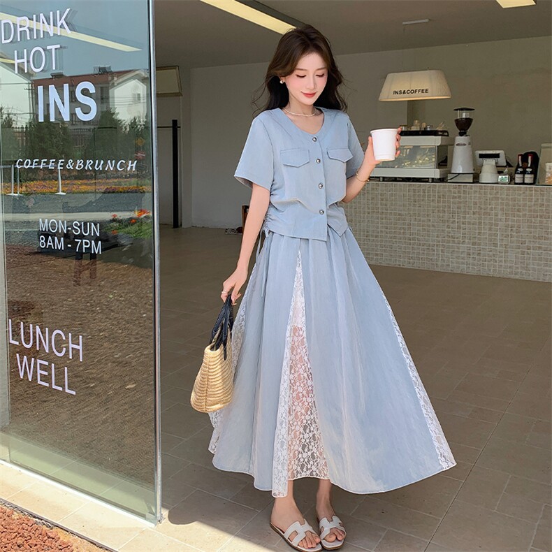 时尚松弛感休闲上衣套装裙女2025年夏季新款蕾丝拼接半身裙两件套,女装套装/套裙,浙宝220