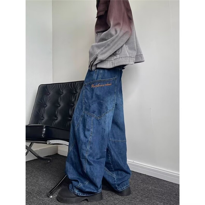 复古设计感大口袋弯刀牛仔裤男女宽松复古baggy阔腿刺绣拖地裤潮，男装牛仔裤，星座601-2
