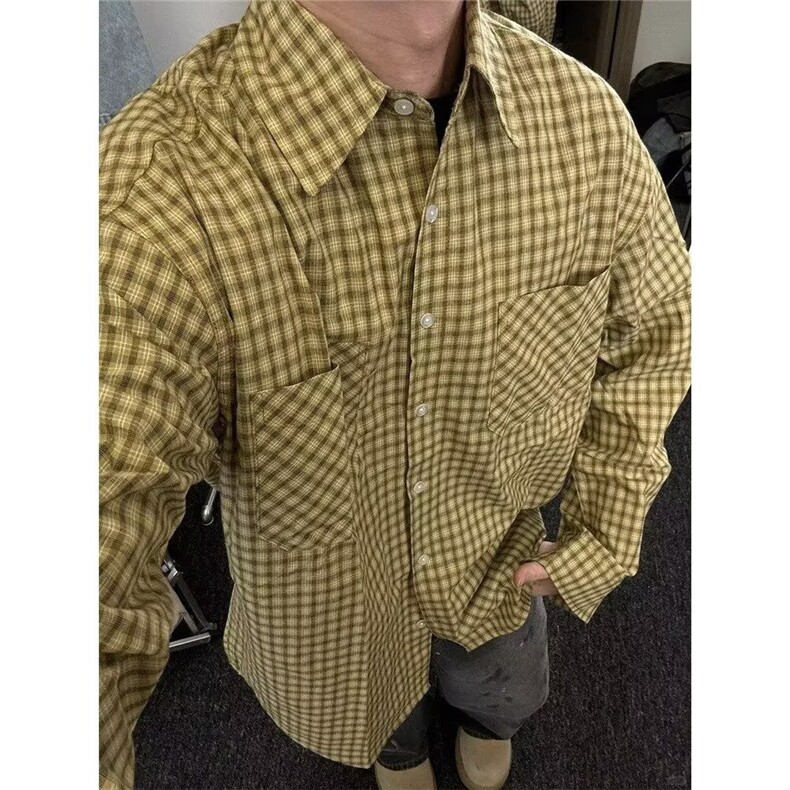 美式复古格纹衬衫多巴胺叠穿衬衣外套炸街上衣男CSA79-P45,男装衬衫,星座208-5