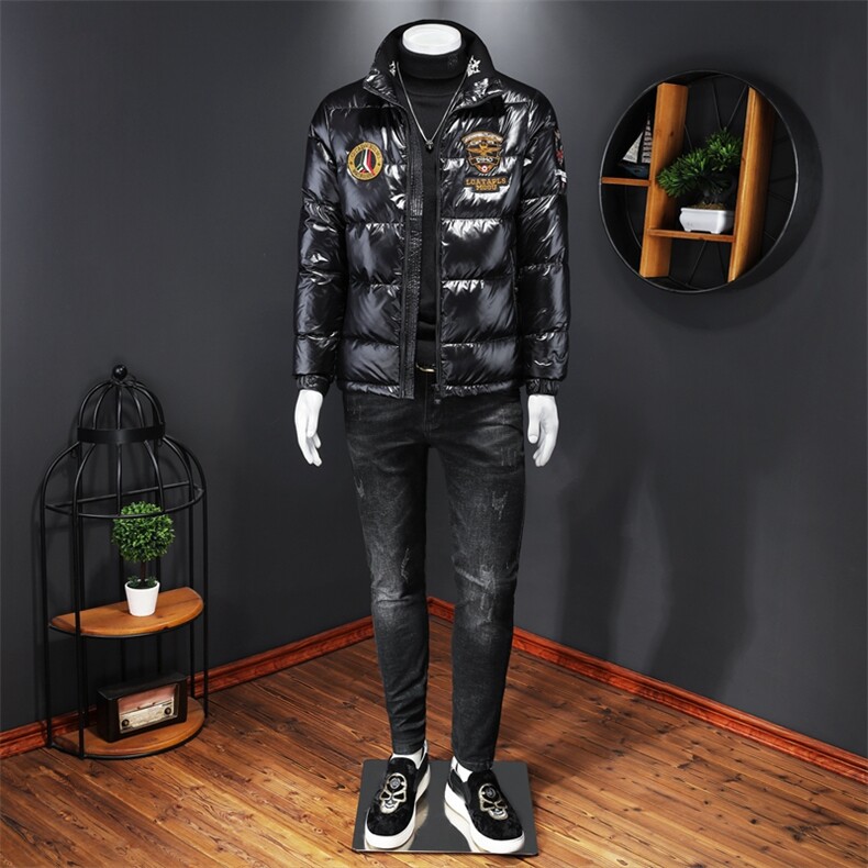 8003冬季新款男士连帽亮面外套勋章保暖白鸭绒羽绒服,男装羽绒服,钱塘2010-1
