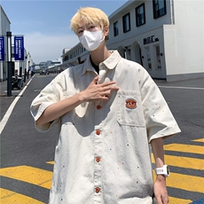 夏季短袖牛仔衬衫男ins潮牌港风日系小众设计感休闲宽松半袖外套，男装衬衫，星座716-3