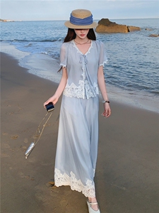 法式气质蕾丝拼接套装女2026夏季新款高级感时髦洋气阔腿裤两件套图片