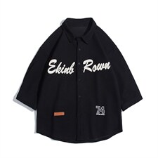 1白底华夫格大码M-5XL日系潮流情侣七分袖衬衫男QCS7010P45控59，男装衬衫，星座226-2