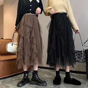 秋冬新款韩版网纱半身裙百搭时尚中长裙子女生图片