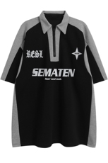 白底23新款夏季时尚百搭宽松翻领半拉链印花短袖T恤DT322P45控68，男装T恤，电商A247-1