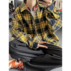美式复古格子衬衫男秋冬加厚翻领长袖衬衣青少年宽松休闲外套，男装衬衫，星座1210-1