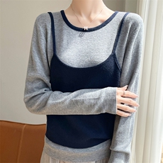24秋冬新款圆领假两件打底T恤针织衫女韩系慵懒撞色气质长袖上衣，女装针织衫/毛衣，圣丽羊绒