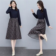 时尚优雅长袖连衣裙修身显瘦碎花拼接设计适合春季穿着，女装连衣裙，欣贝拉