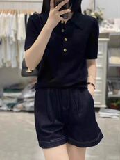 时髦洋气Polo领羊毛针织短袖女欧洲站宽松显瘦半袖衬衫翻领T恤衫，女装针织衫/毛衣，千御纺羊绒