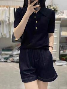时髦洋气Polo领羊毛针织短袖女欧洲站宽松显瘦半袖衬衫翻领T恤衫图片