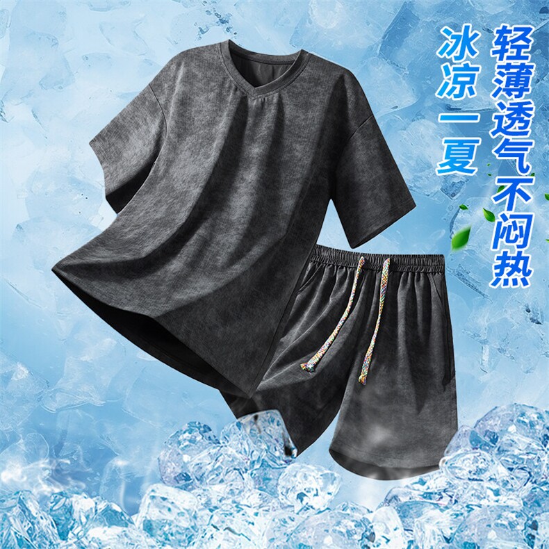 美式扎染套装男生夏季薄款短袖T恤短裤青少年潮牌宽松运动两件套,男装T恤,电商A001-1