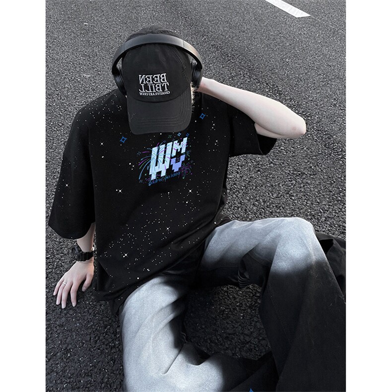可48小时发货支持抖音得物来样二开美式满天星亮片短袖T恤MTX655,男装T恤,电商A486-1