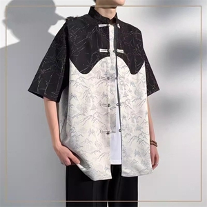 新中式提花短袖衬衫男2025夏季新款设计感小众宽松中山装衬衣外套图片
