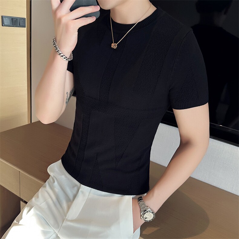 2024夏季新款修身圆领纯色提花针织衫毛衣打底衫男净版M05-p45，男装针织衫/毛衣，电商D303