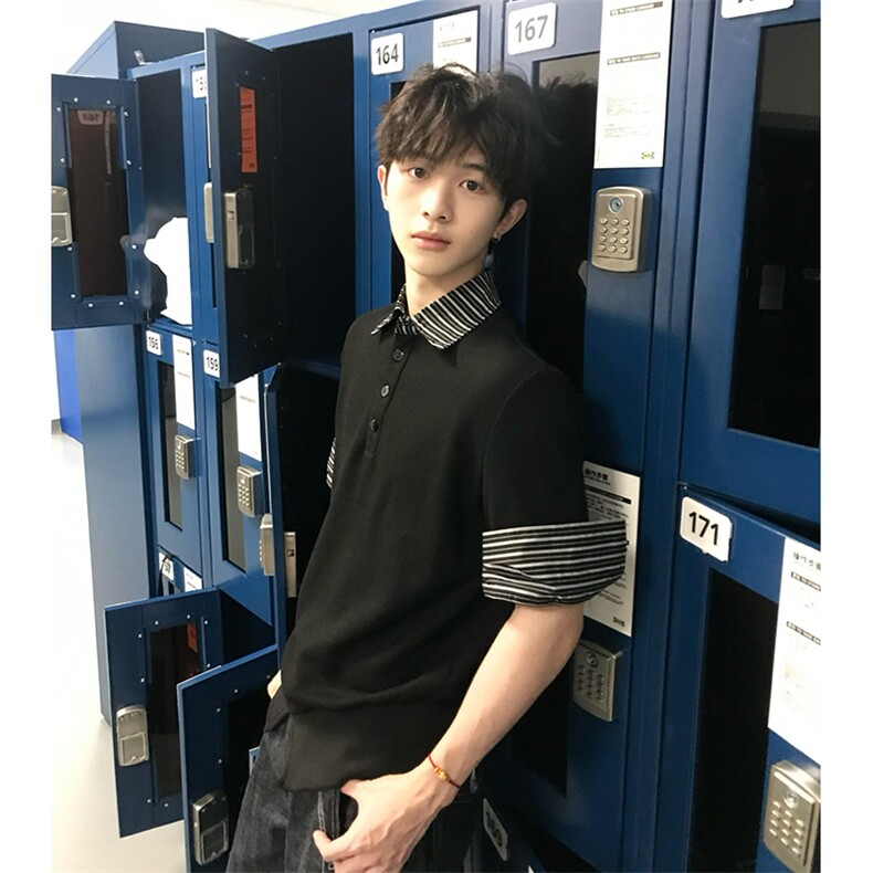 得物抖音高品质二开夏季美式潮牌假两件条纹衬衫翻领高街短袖T恤,男装T恤,电商A486