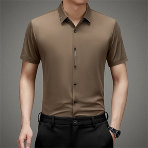 无痕短袖衬衫男翻了纯色上衣服夏季新款中年男士商务休闲宽松衬衣图片