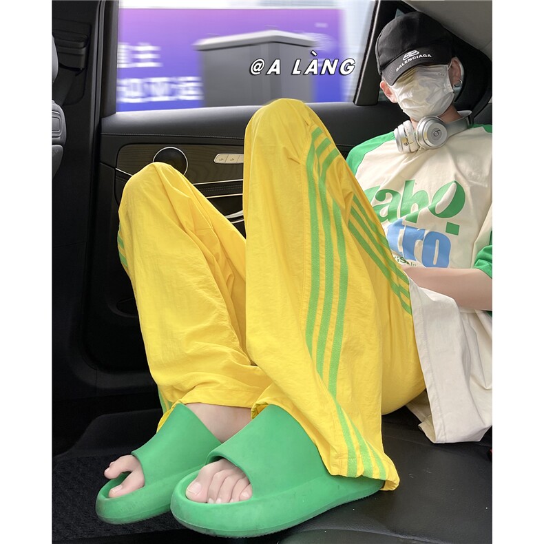 多巴胺穿搭粉色潮牌冰丝阔腿裤男条纹尼龙直筒美式降落伞兵裤子夏,男装休闲裤,星座612