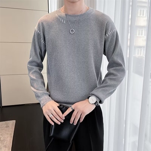 新款小众明线圆领设计感毛衣纯色百搭潮牌休闲针织衫男款S569/P50图片