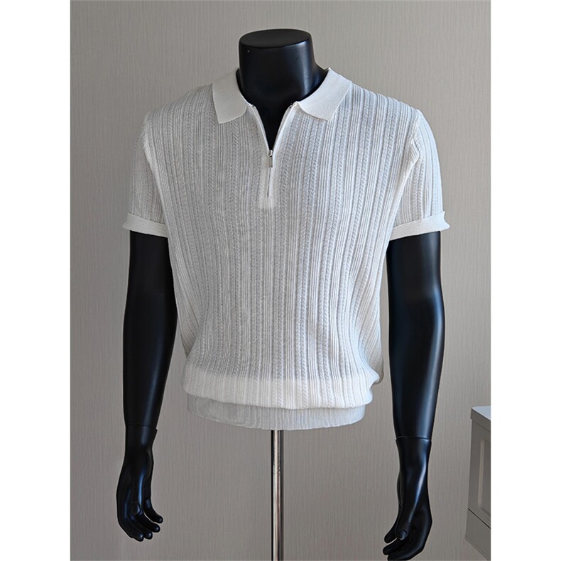 盗图老钱风新贵肌理感拉链翻领针织短袖POLO衫E77130/P58控88，男装T恤，电商A243