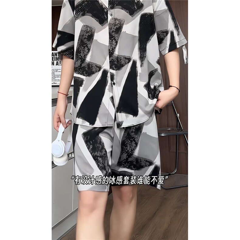 短袖衬衫男+短裤男潮流休闲套装男M-5XL大码TZ78704P50控98模特图,男装休闲套装,星座226-1