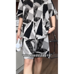 短袖衬衫男+短裤男潮流休闲套装男M-5XL大码TZ78704P50控98模特图图片