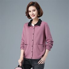 秋季短款外套polo领2021新款修身显瘦单排扣拼色上衣40-49周岁，女装短外套，伊满意