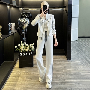 女春季新款拉链开衫上衣阔腿裤两件套装图片