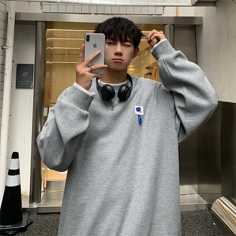 HQ1166-TP35-控价48假两件华夫格上衣男生港风秋季新款贴标卫衣,男装卫衣,电商A102-1