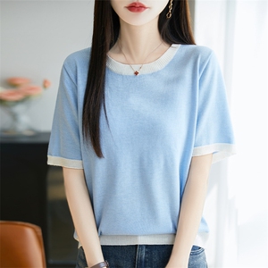 夏季新款韩版宽松短袖针织衫女圆领拼色百搭上衣图片